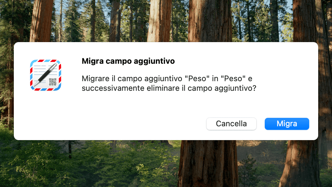 Finestra di dialogo di conferma per la migrazione dei campi aggiuntivi