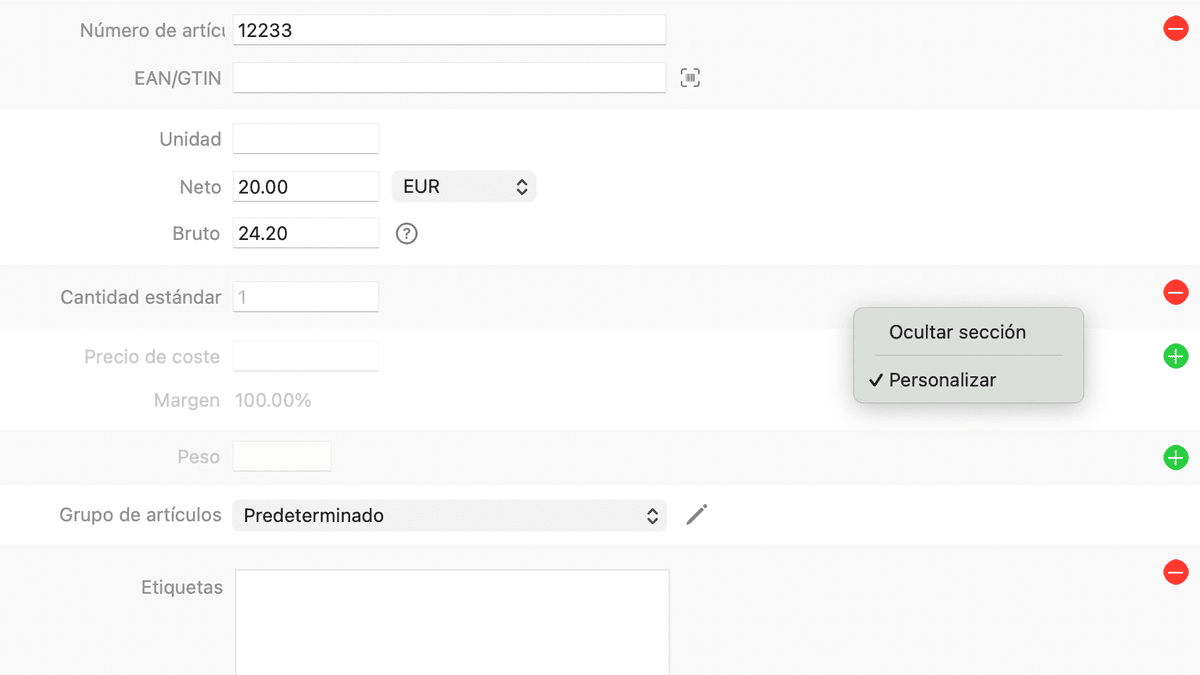 Personalización del catálogo GrandTotal - mostrar y ocultar campos
